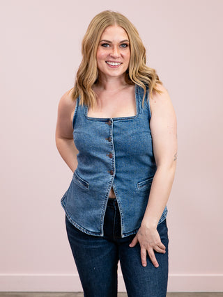 *NEW* RD Style | Vesta Stretch Denim Button Up Vest | Didi Dark Wash
