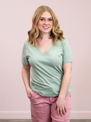 *NEW* RD Style | Milla Short Sleeve V Neck Top | Ivy Green