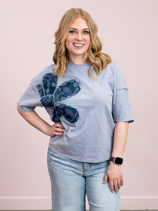 *NEW* Mixed Signals Floral Short Sleeve Slub Top | Grey