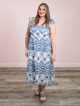 DEX | Channing Cut Out Embroidered Dress | Cream & Blue