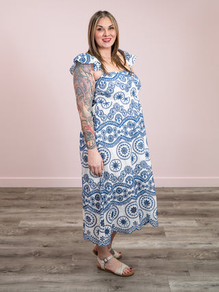 DEX | Channing Cut Out Embroidered Dress | Cream & Blue