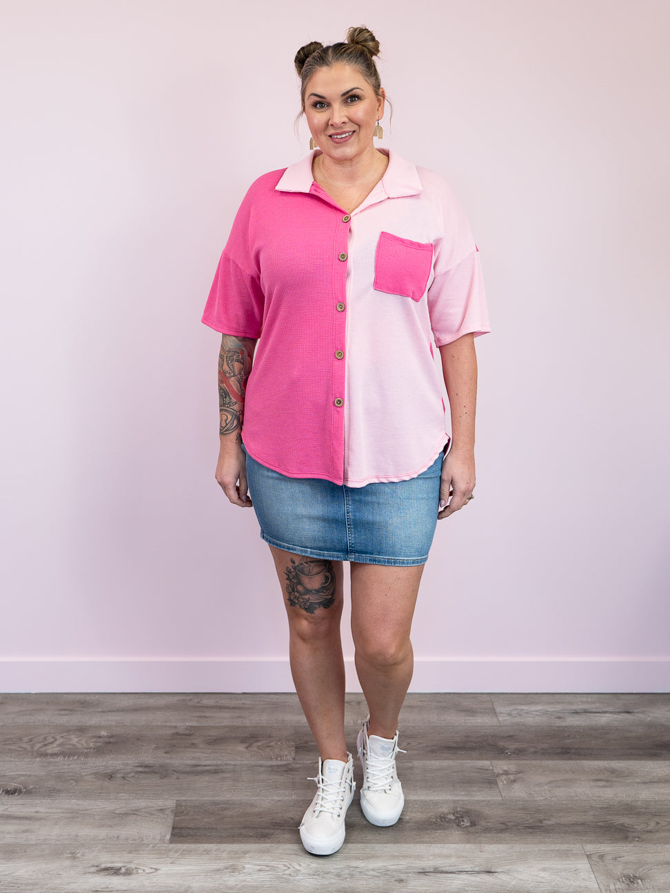 *NEW* Greta Colourblock Button Up | Hot Pink