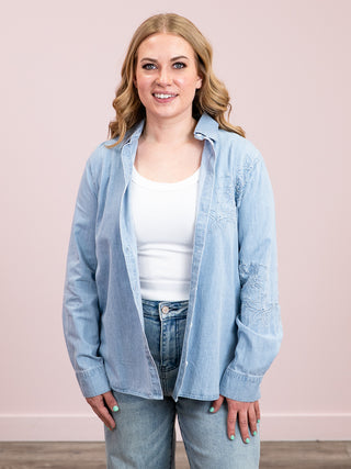 *NEW* RD Style | Sherlyn Lightweight Denim Embroidered Shirt | Stone Wash Blue