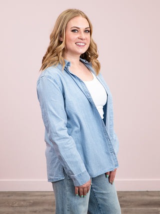 *NEW* RD Style | Sherlyn Lightweight Denim Embroidered Shirt | Stone Wash Blue