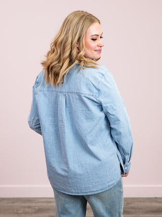 *NEW* RD Style | Sherlyn Lightweight Denim Embroidered Shirt | Stone Wash Blue