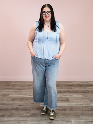 DEX | Dayna Pintuck Ruffle Tank | Mini Blue Stripe