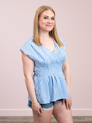 *NEW* Allyson Pleated Back Smocked Waist Peplum Top | Blue