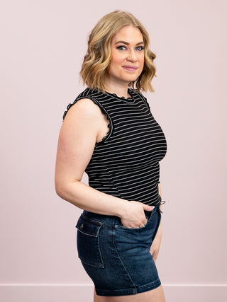 *SUNDAY STEAL* Camie Ribbed Ruffle Stripe Tank Top | Black & White