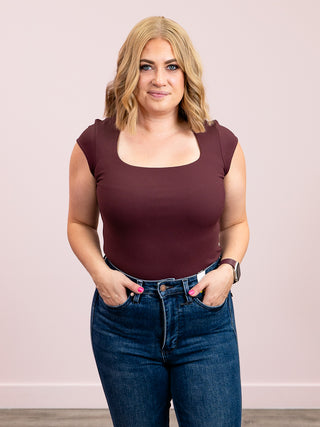 Second Skin | Tiara Rib Rounded Square Neck Bodysuit | Prune