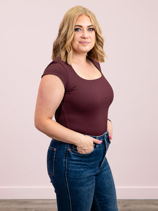 Second Skin | Tiara Rib Rounded Square Neck Bodysuit | Prune