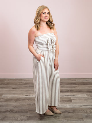 *NEW* Coastal Knot Striped Strapless Jumpsuit | White & Taupe