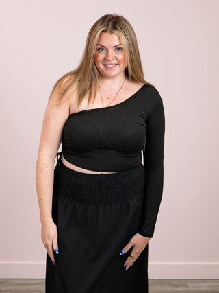 *NEW* Off Balance One Shoulder Ribbed Long Sleeve | Black