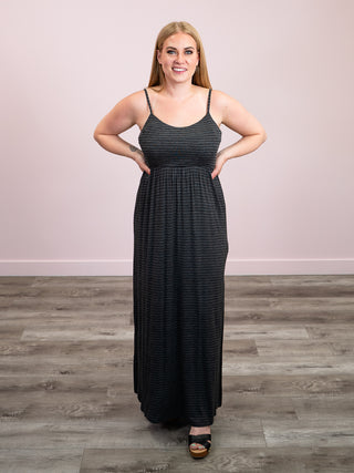 *NEW* Hot Gossip Striped Maxi Dress | Heather Charcoal & Black