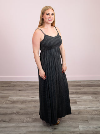 *NEW* Hot Gossip Striped Maxi Dress | Heather Charcoal & Black