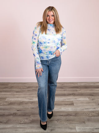 *NEW* Sheer Romance Long Sleeve Floral Mesh Top | Ivory & Blue
