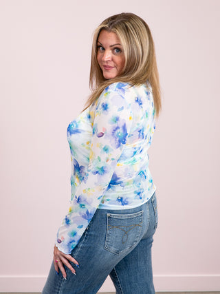 *NEW* Sheer Romance Long Sleeve Floral Mesh Top | Ivory & Blue