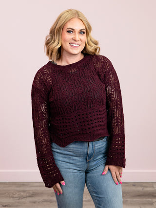 DEX | Paige Open Stitch Wavy Hem Sweater | Wine