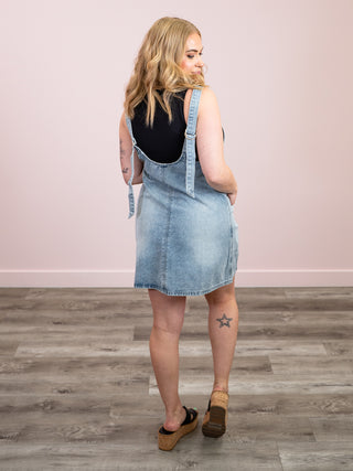 *NEW* Catch Me Overall Mini Dress | Denim Blue