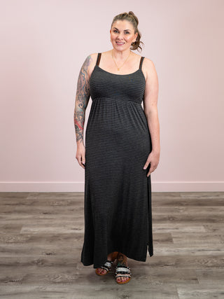 *NEW* Hot Gossip Striped Maxi Dress | Heather Charcoal & Black
