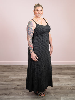 *NEW* Hot Gossip Striped Maxi Dress | Heather Charcoal & Black