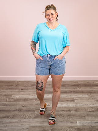 *NEW* Risen | High Waist Embroidered Shorts | Light Wash | Nate
