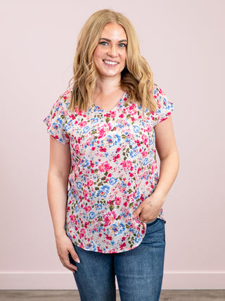 *NEW* Sunlit Garden V-Neck Floral Top | Taupe & Fuchsia