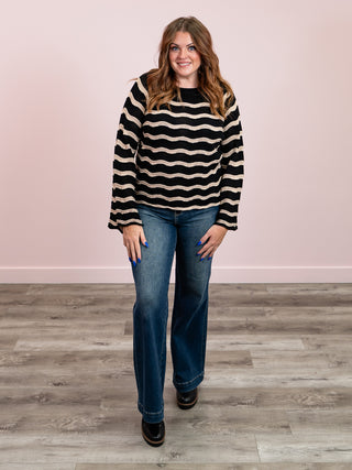 Angela Striped Bell Sleeve Sweater | Black