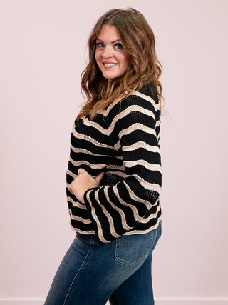 Angela Striped Bell Sleeve Sweater | Black