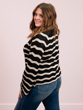 Angela Striped Bell Sleeve Sweater | Black