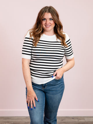 Monroe Striped Puff Sleeve Top | Off White & Black