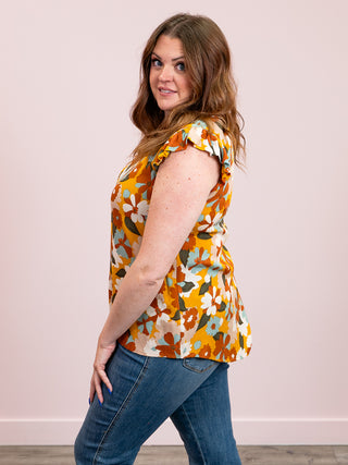 *WAREHOUSE FIND* Floral Frenzy Sleeveless Ruffle Top | Mustard (S)