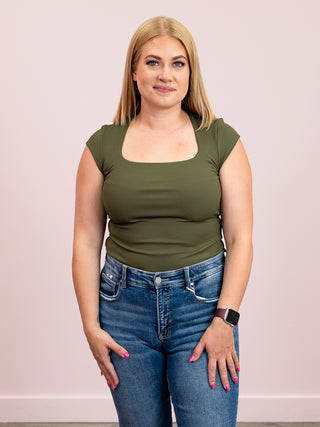 Second Skin | Tiara Rib Rounded Square Neck Bodysuit | Olive