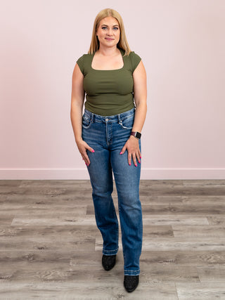 Second Skin | Tiara Rib Rounded Square Neck Bodysuit | Olive