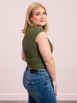 Second Skin | Tiara Rib Rounded Square Neck Bodysuit | Olive