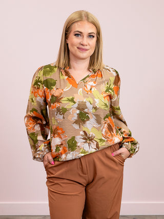 Haddie Floral Long Sleeve Top | Khaki