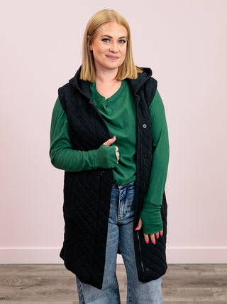 Longline Quilted Cotton Blend Vest | Black