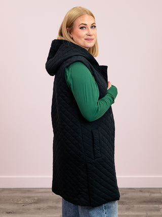 Longline Quilted Cotton Blend Vest | Black