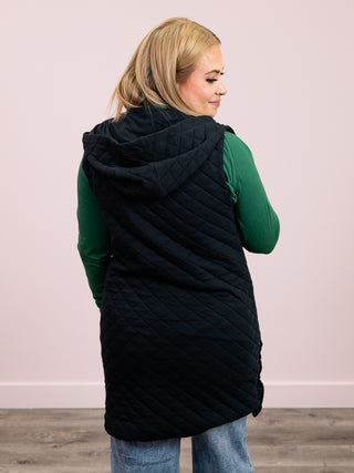 Longline Quilted Cotton Blend Vest | Black