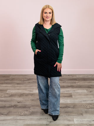 Longline Quilted Cotton Blend Vest | Black