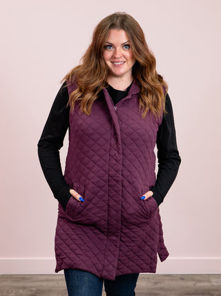 Longline Quilted Cotton Blend Vest | Dark Plum