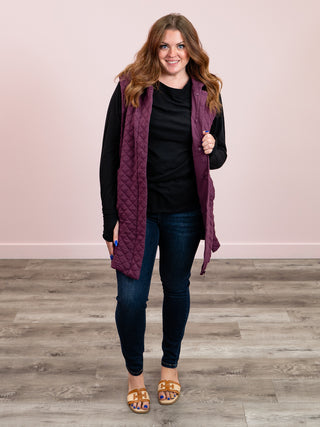 Longline Quilted Cotton Blend Vest | Dark Plum