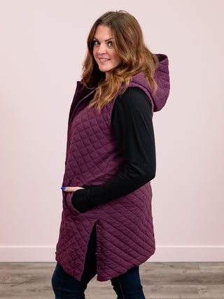 Longline Quilted Cotton Blend Vest | Dark Plum