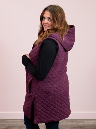 Longline Quilted Cotton Blend Vest | Dark Plum