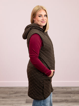 Longline Quilted Cotton Blend Vest | Espresso