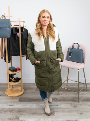 RD Style | Olive Long Puffer Coat | Cream & Olive