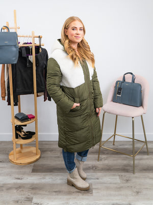 RD Style | Olive Long Puffer Coat | Cream & Olive