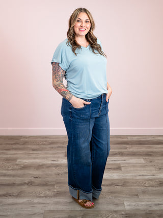 *NEW* Cloudy Skies Short Sleeve Knit Top | Dark Aqua
