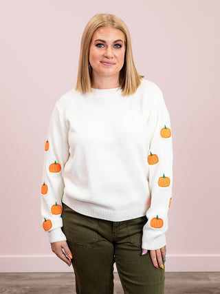 Hello Pumpkin Embroidered Sweater | Ivory