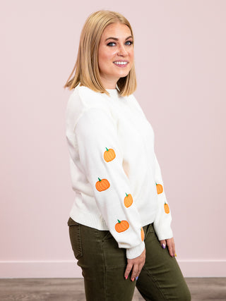 Hello Pumpkin Embroidered Sweater | Ivory