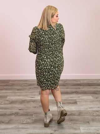 DEX | Olivia Pleated Dress | Green Animal Print